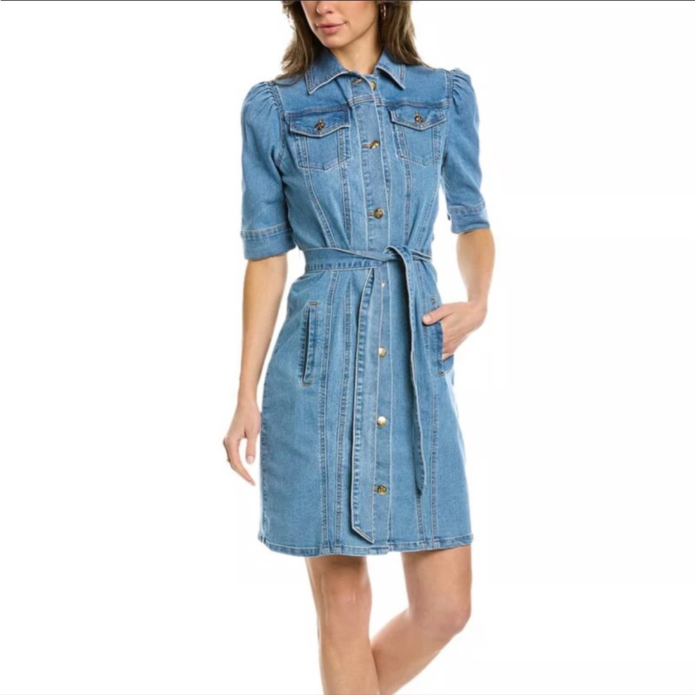 Nanette Bowery Button Front Puff Sleeve Western Denim Midi Pocket Dress